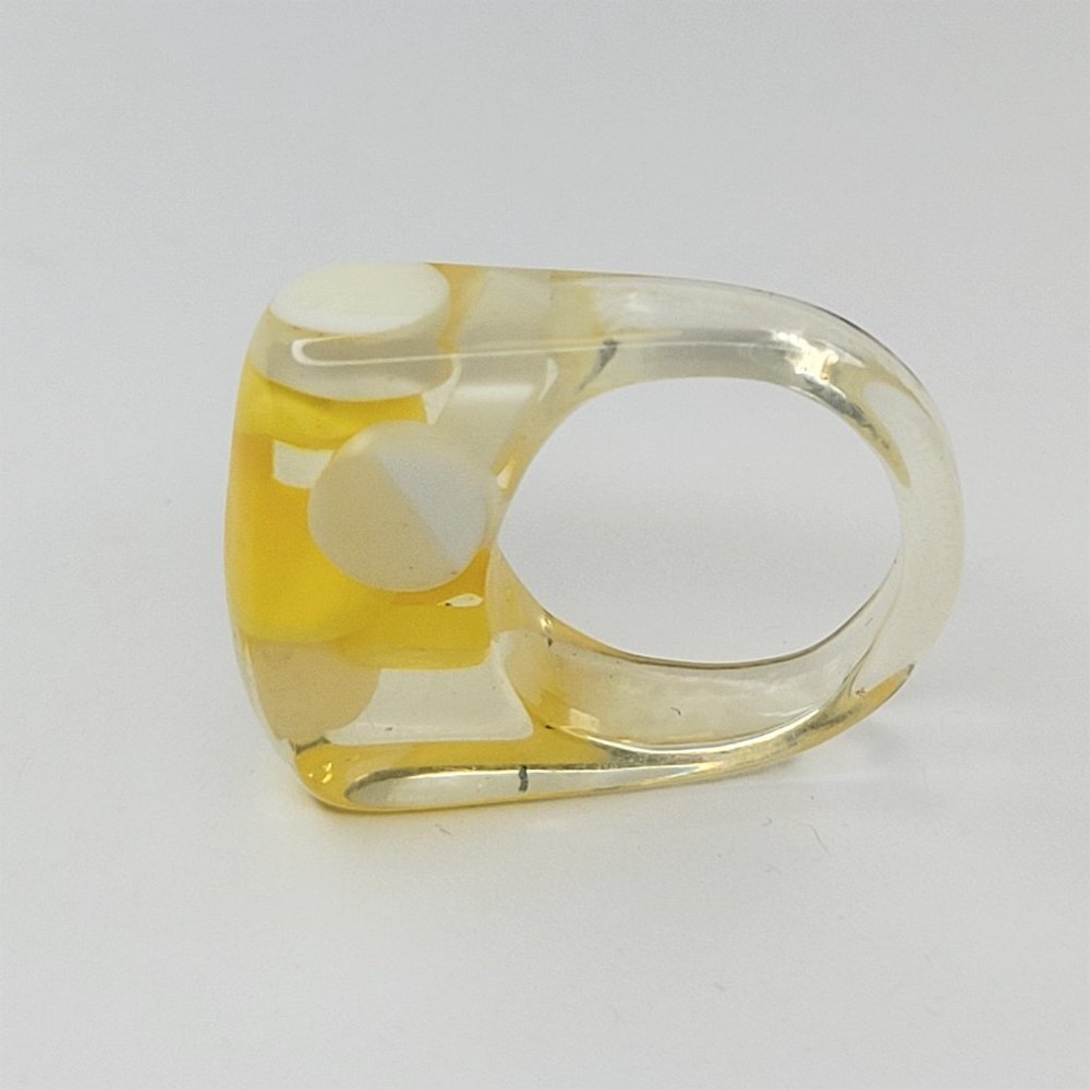 Lucite Resin Ring Yellow and White Clear See Through Rectangular Ring